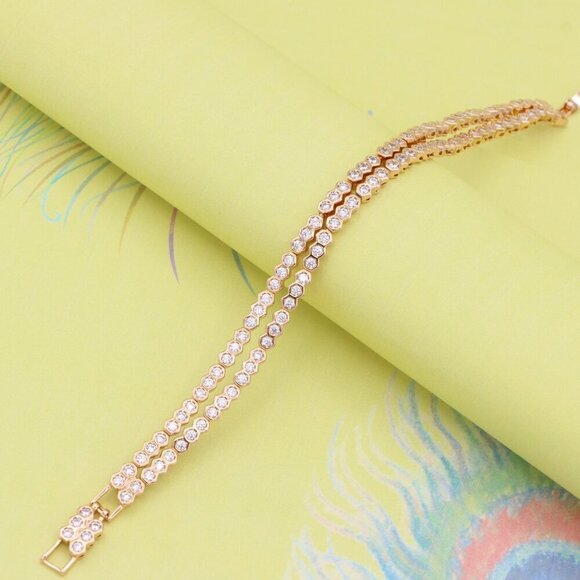 "Elegant Double Layer Rose Gold Bracelet with Hexagonal Crystals, XPBL0924 - Picture 4 of 12